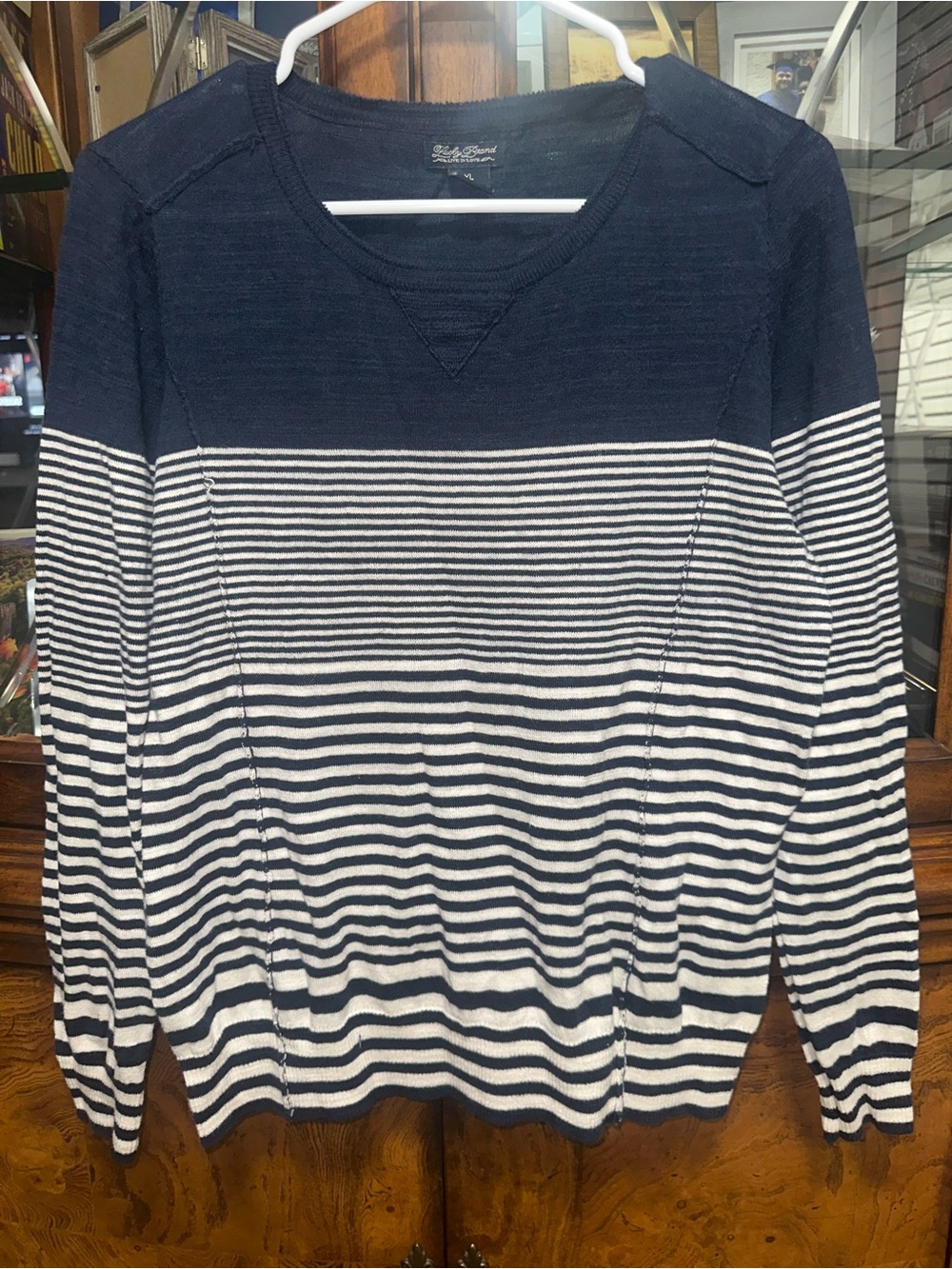 Lucky Brand Navy and White Striped Scoop Crewneck Sweater